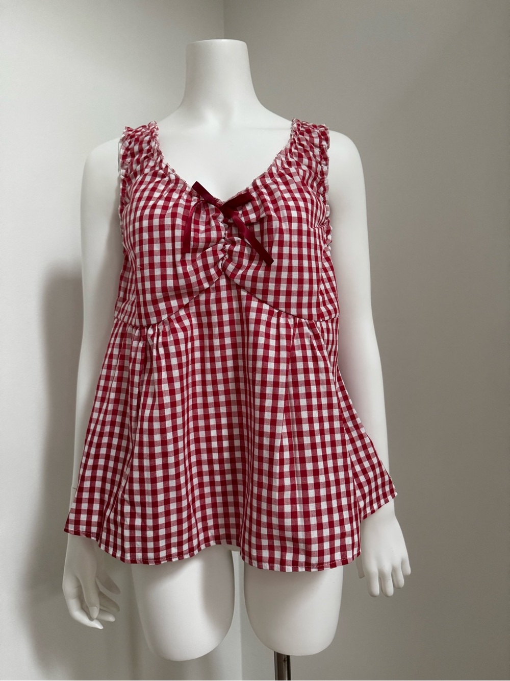 Adorable Red Gingham Tie-Front Ruffle-Trim Camisole Top